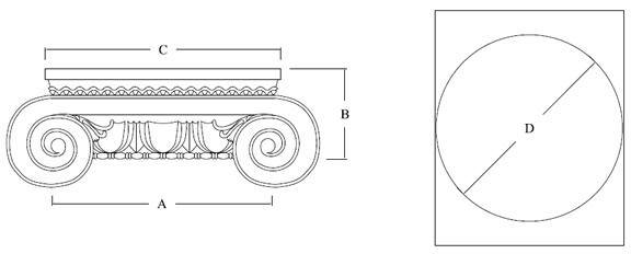 Roman Ionic Capital for FRP Round Columns shown top and side view with dimensions