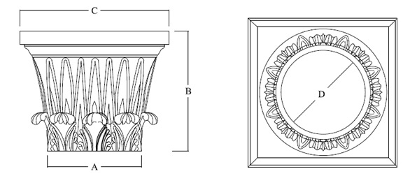 Temple of Winds Capital for Round FRP Columns shown top and side view with dimensions